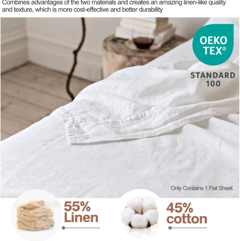 Linen Sheet  Flax Flat Sheet Only 55% Euro Linen 45% Cotton Basic Style Solid Color Soft Breathable Farmhouse Top Sheet 1-Piece (King, White) - Image 2
