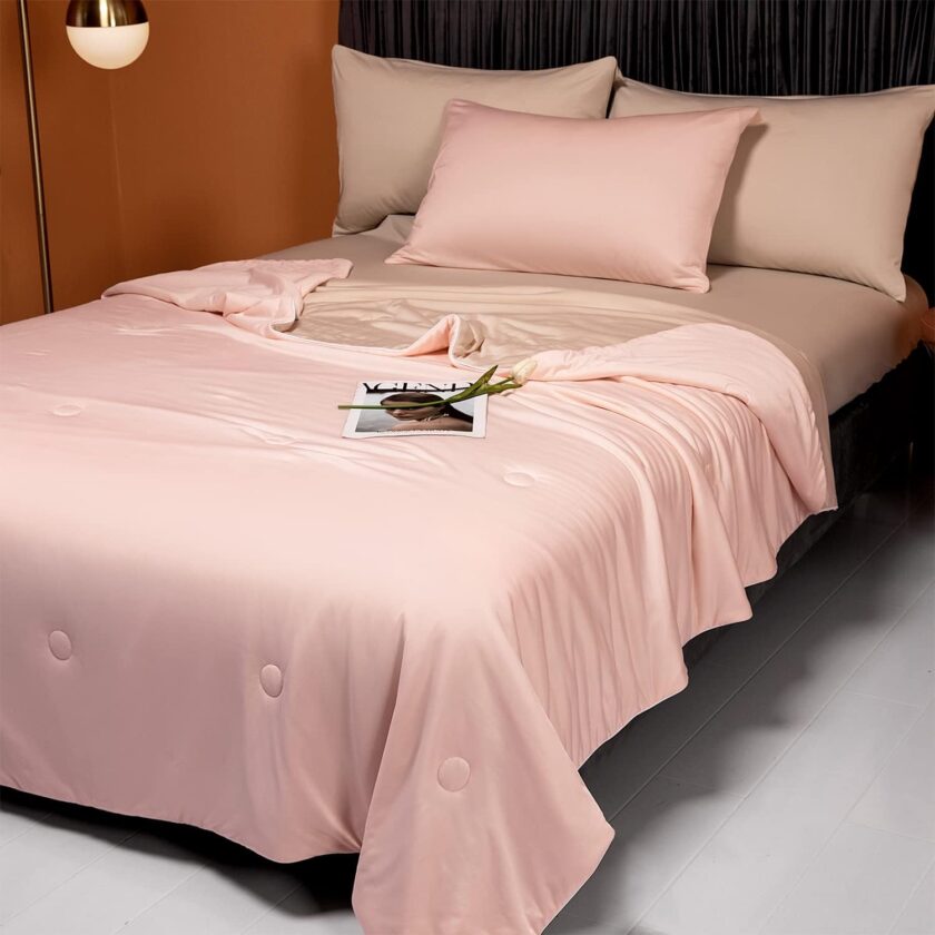 Cooling Blankets for Hot Sleepers - Cool Like Ice Cream Lightweight Blanket for Summer with Double Side Cold, Cooling Comforter, Quilt, Fabric for Bed (Throw Size 47" x 59" Pink & Beige) - Image 2