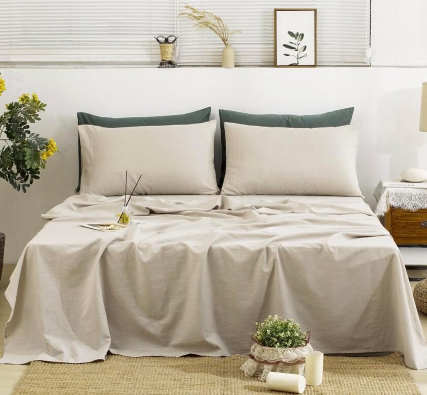 100%  Linen Sheets Queen Size, 4-Piece Linen Bed Sheet Set Queen, Breathable & Cooling, Soft & Durable, 16" Deep Pocket, 1 Flat Sheet, 1 Fitted Sheet, 2 Pillowcases (Queen, Natural Linen)