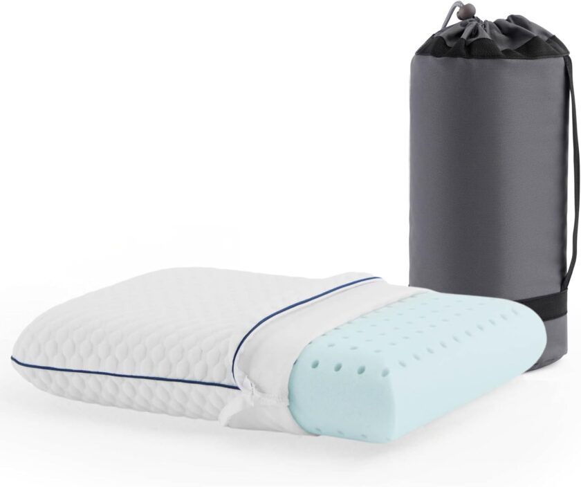Gel Memory Foam Camping Pillow - Travel Essentials & Must Haves - Camping Gear & Accessories - Contouring Neck Support - Small Size Compatible for Camping, Car, Airplane, and Beach - 1 Pack