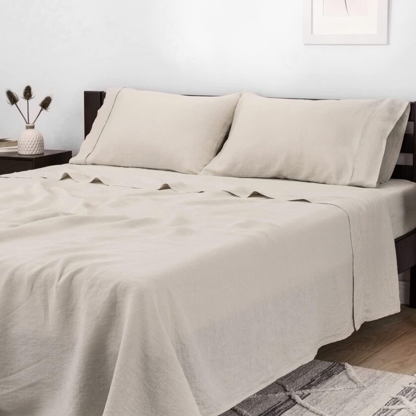 100% Linen Queen Sheets Set - Natural Sheets for Bed Set - Linen Bedding - Fits up to 16" Mattress(Queen, Natural)
