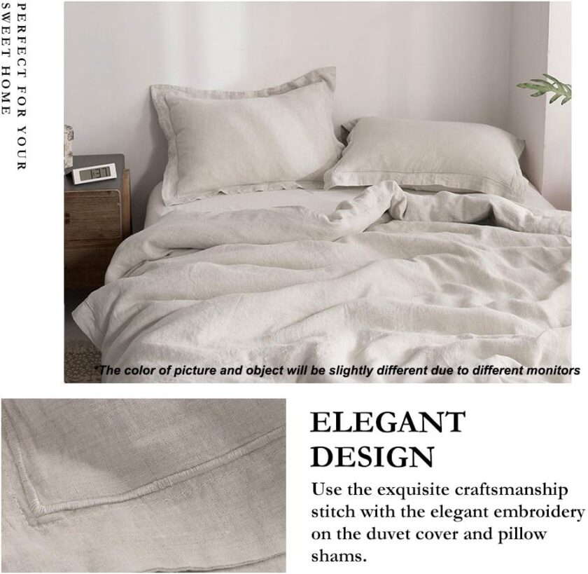 100% Linen Duvet Cover Set with Embroidery Washed - 3 Pieces (1 Duvet Cover with 2 Pillow Shams) with Button Closure Soft Breathable Farmhouse - Linen, King Size - Image 2