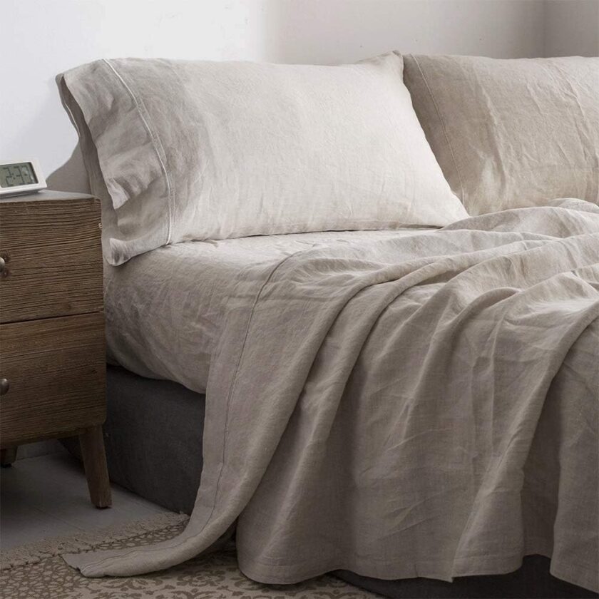 100% Pure Linen Sheet Set King Size, Natural  Flax Solid Color 4 Pcs Washed Breathable, Farmhouse Bedding (1 Flat Sheet,1 Fitted Sheet,2 Pillowcases)-Embroidery Linen