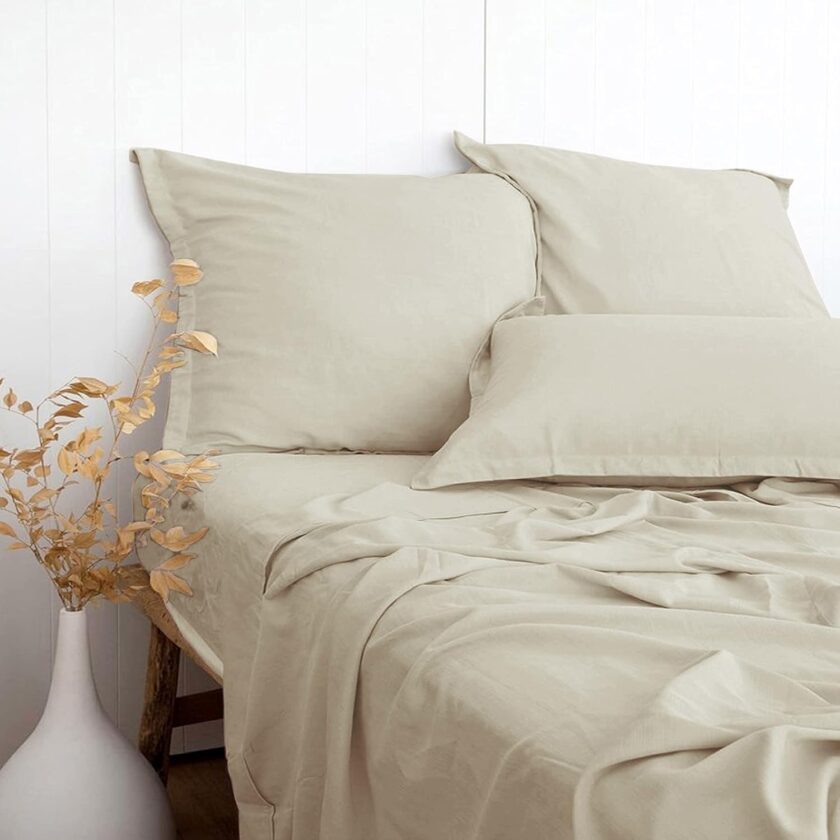 Beige Linen-Textured Bed Sheets Set, Bamboo Rayon, Cotton, Linen Blend Bed Sheets Queen Size, Soft Cool & Breathable for Hot Sleepers,Durable Natural Organic Bed 15'' Deep Pocket - 4 Piece