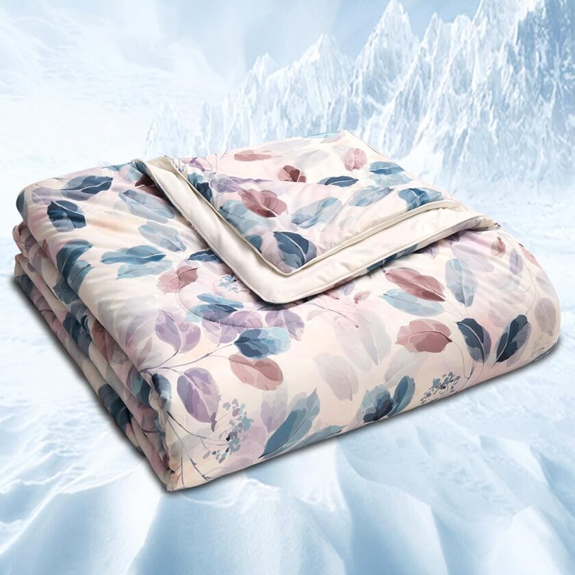 Floral Print Cooling Blankets for Hot Sleepers - Cool Like Ice Cream Blanket for Summer, Lightweight Double-Sided Cooling Comforter Quilt (Throw Size 47" x 59" Blue)