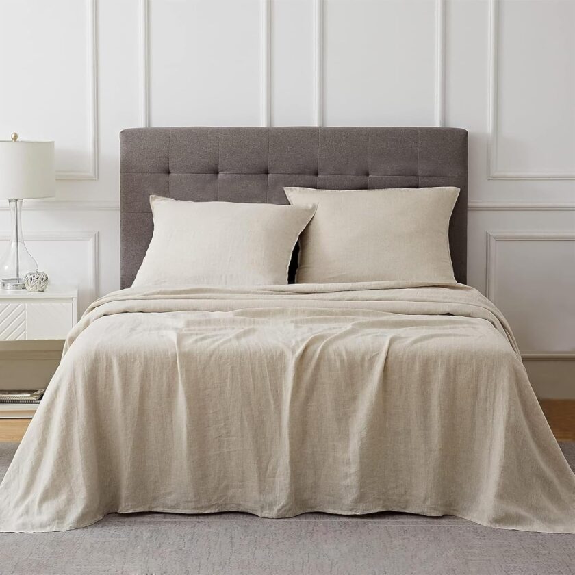 Linen Sheets-King Size Sheets Set,Blend from Linen Cotton Bedsheets,All Seasons Soft Breathable 4 Piece Set-Beige