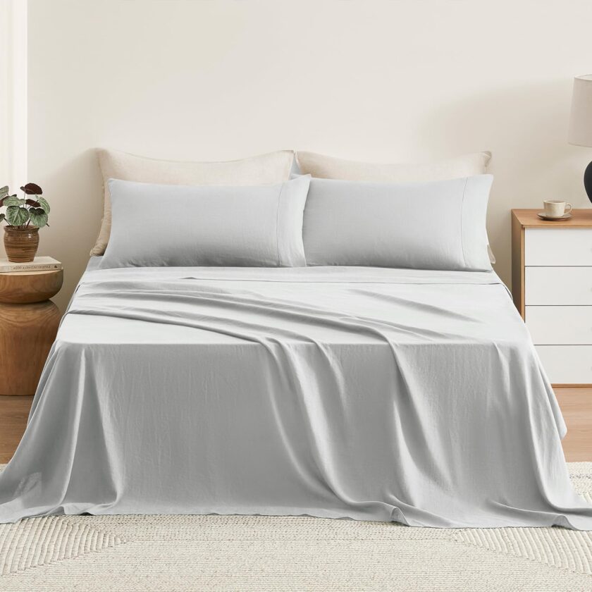 Pure Linen Sheets Set, 100%  Natural Linen Flax Bedding 4pc Set (Full, 1 Flat Sheet, 1 Fitted Sheet,2 Pillowcase) - Light Grey