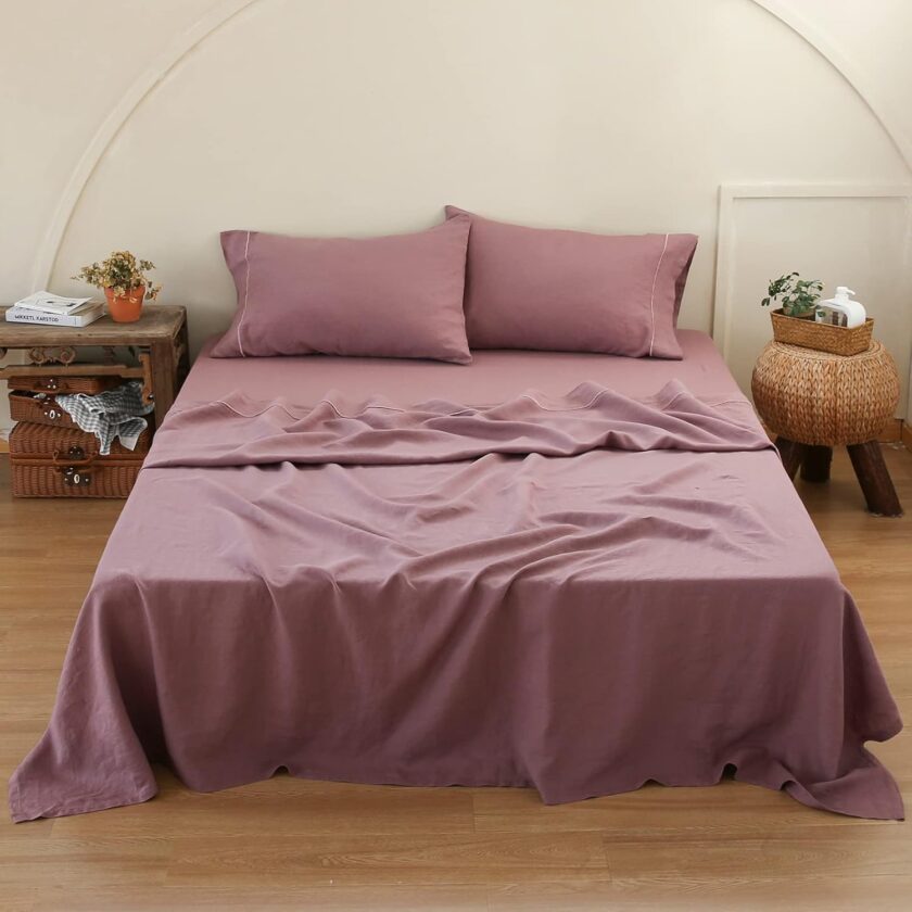 100% Linen Sheet Set with Embroidery Washed - 4 Pieces (1 Flat Sheet & 1 Fitted Sheet & 2 Pillowcases) Natural Flax Soft Bedding Breathable Farmhouse - Purple, Queen Size