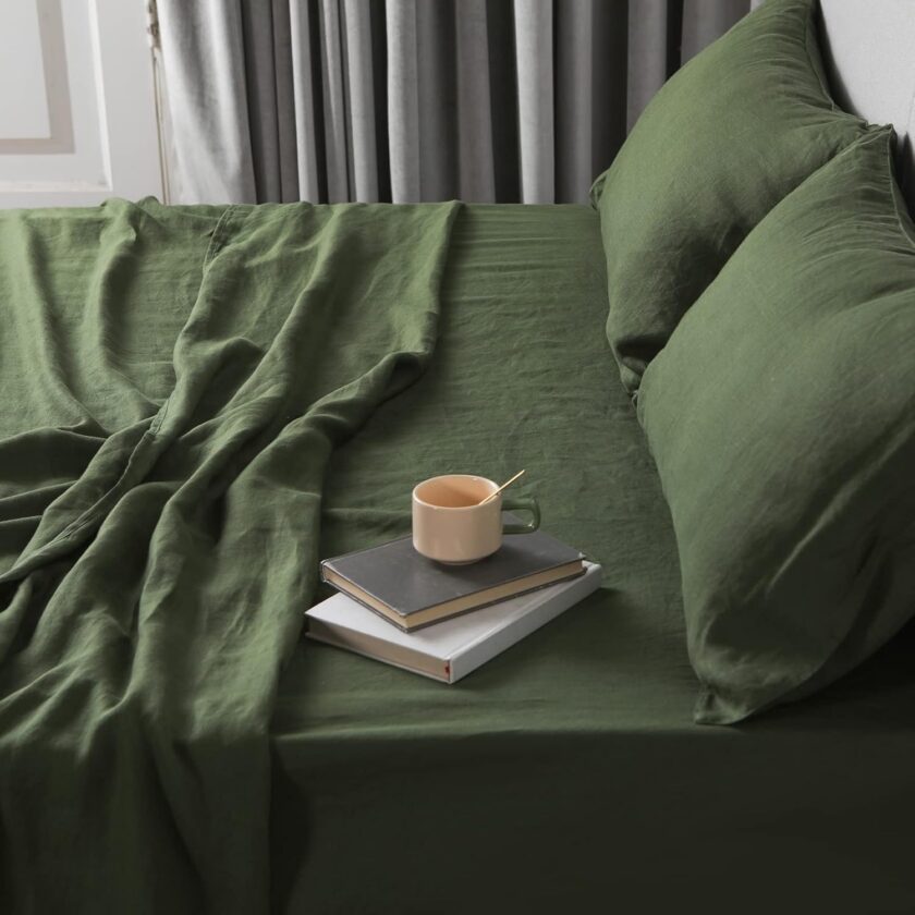 King Moss Green Linen Bed Sheet Set, 100%  Flax, 175 , 1 Flat, 1 Fitted, 2 Pillowcases, Deep Pocket, Washed, Organic, Cooling, Softens with Wash