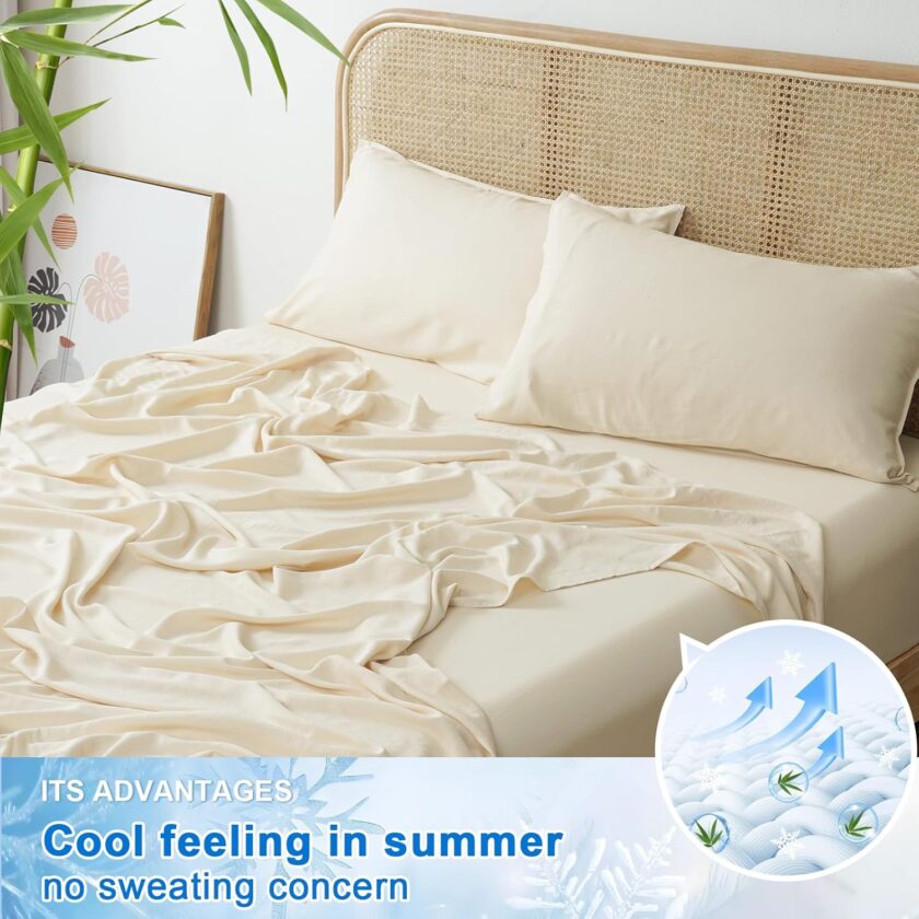 Cooling Sheets Set King Size,4 PCS 80% Viscose from Bamboo and 20% Linen Breathable & Soft Bed Sheets for Hot Sleeplers, Deep Pocket Up to 16" Bedding Sheets, Ture Natural - Image 2