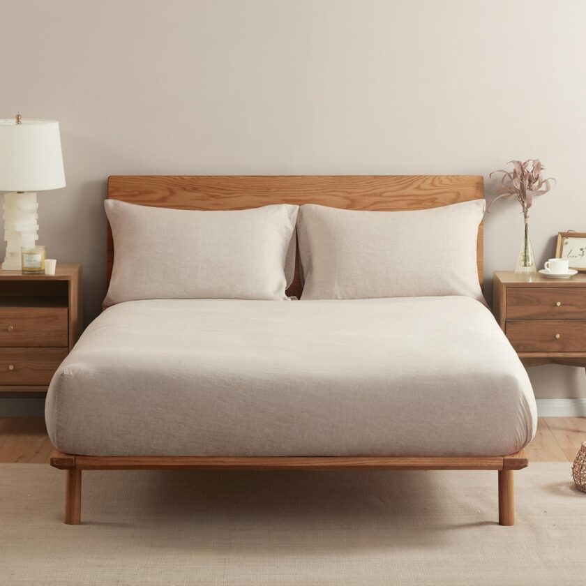 100%  Linen Fitted Sheet Mattress Cover (1 Piece) with 16 Inch Deep Pocket, Pure Natural  Flax from Normandy, Ultra Soft, Breathable and Durable (Natural Linen, Queen).