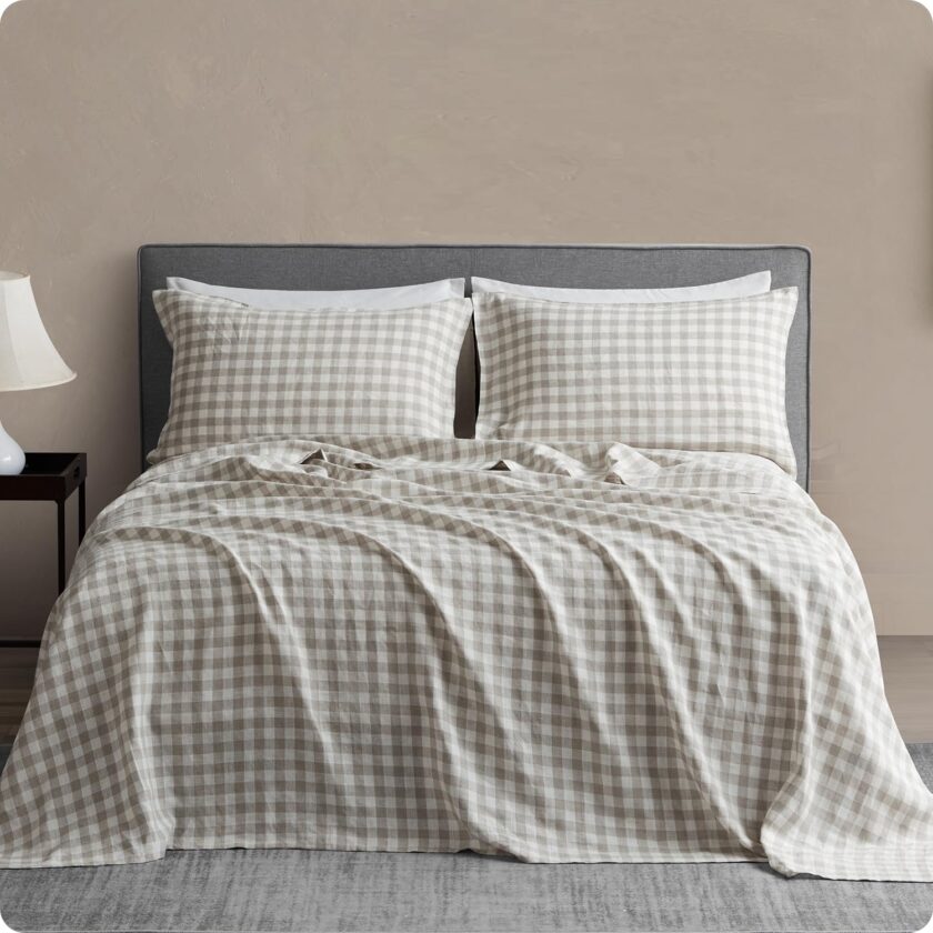Pure Linen Sheets Set, Gingham Check Plaid 100% Washed Linen Bedding with Envelope Closure, 4 PCs Hypoallergenic Soft Linen Sheets Set, Geometric Checkered Pattern in Beige & White, Queen Size