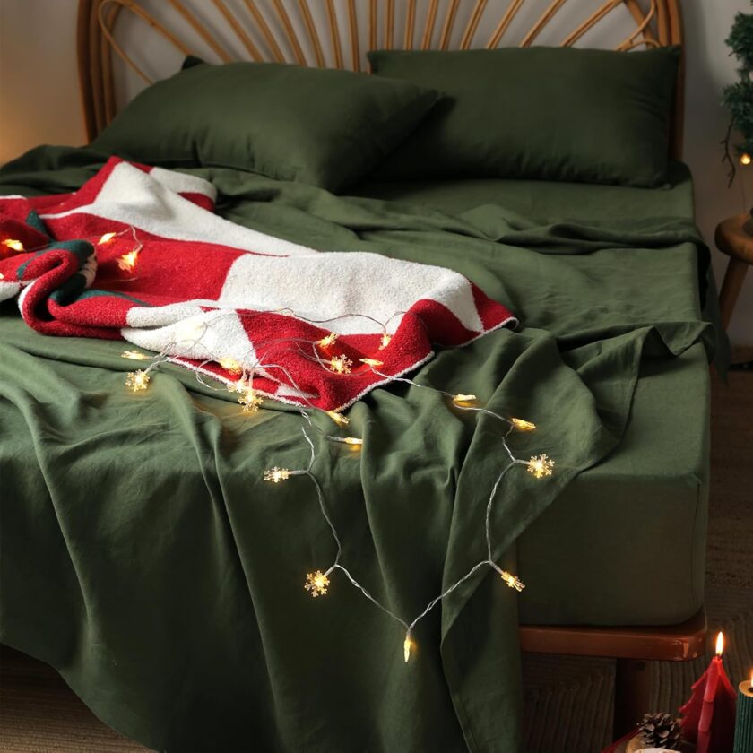 King Moss Green Linen Bed Sheet Set, 100%  Flax, 175 , 1 Flat, 1 Fitted, 2 Pillowcases, Deep Pocket, Washed, Organic, Cooling, Softens with Wash - Image 2