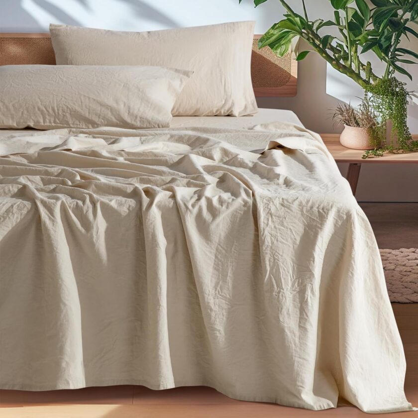 100%  Pure Linen Sheets, Breathable and Durable Linen King Size Sheets, Anti-Tear Linen Bed Sheets, Machine Washable, 16 Inch Deep Pocket - 4 Piece (Natural Linen, King)