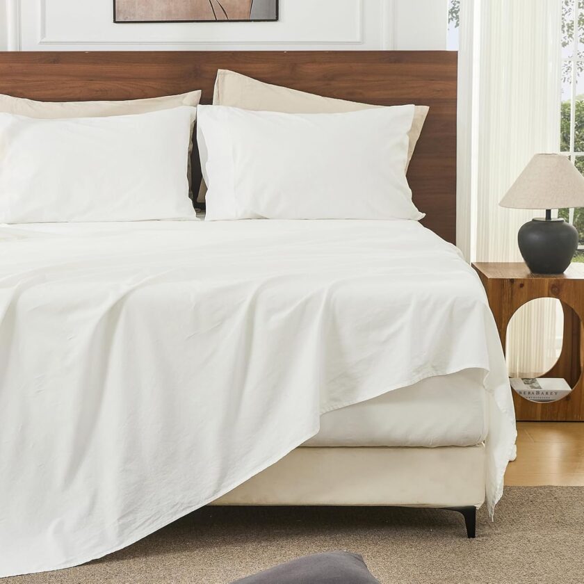 100%  Linen Sheets King Size 18-24”Extra Deep Pocket 4-Piece Set Breathable & Moisture-Wicking,Soft & Durable Sheets for Thick Mattresses(White)