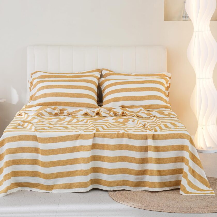 100% Organic Linen Sheets Set Queen Size 4pcs,Yellow Stripe Yarn Dyed Pattern Farmhouse Bedding Set, Natural Stone Washed Flax Bed Sheets