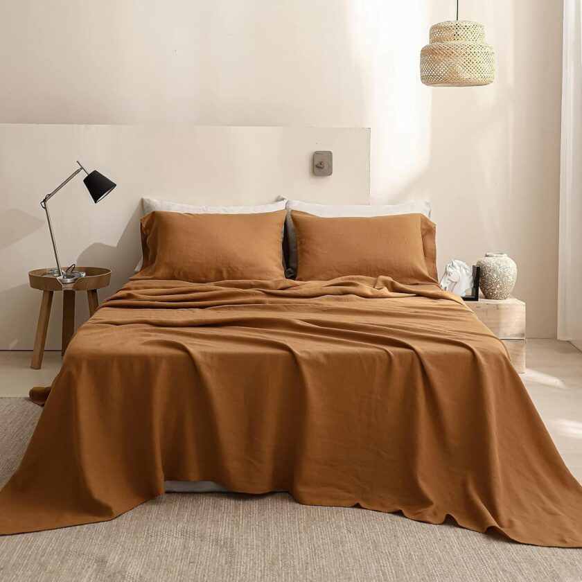 100% Linen Sheet Set 4pcs Basic Style, Deep Pocket, Natural  Washed Flax Solid Color Soft Breathable Bed Sheets - Rust, Queen