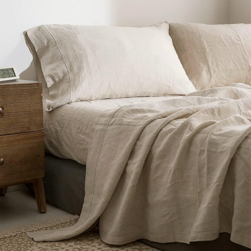 100% Linen Sheet Set with Embroidery Washed - 4 Pieces (1 Flat Sheet & 1 Fitted Sheet & 2 Pillowcases) Natural Flax Soft Bedding Breathable Farmhouse - Linen, Queen Size