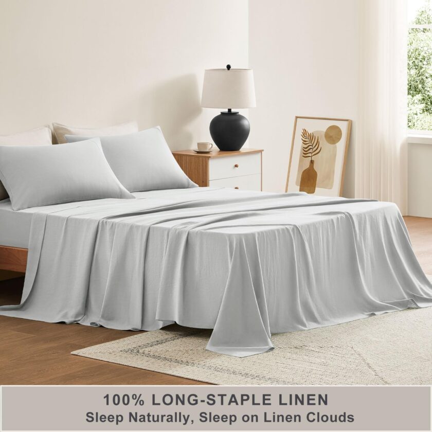 Pure Linen Sheets Set, 100%  Natural Linen Flax Bedding 4pc Set (Full, 1 Flat Sheet, 1 Fitted Sheet,2 Pillowcase) - Light Grey - Image 2