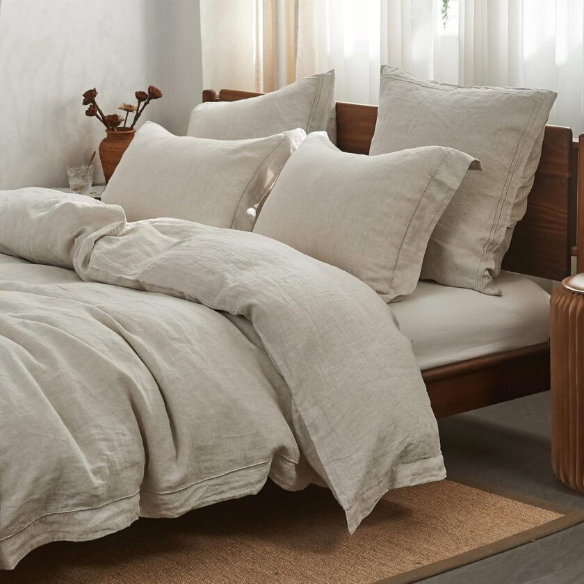 100% Linen Duvet Cover Set with Embroidery Washed - 3 Pieces (1 Duvet Cover with 2 Pillow Shams) with Button Closure Soft Breathable Farmhouse - Linen, King Size