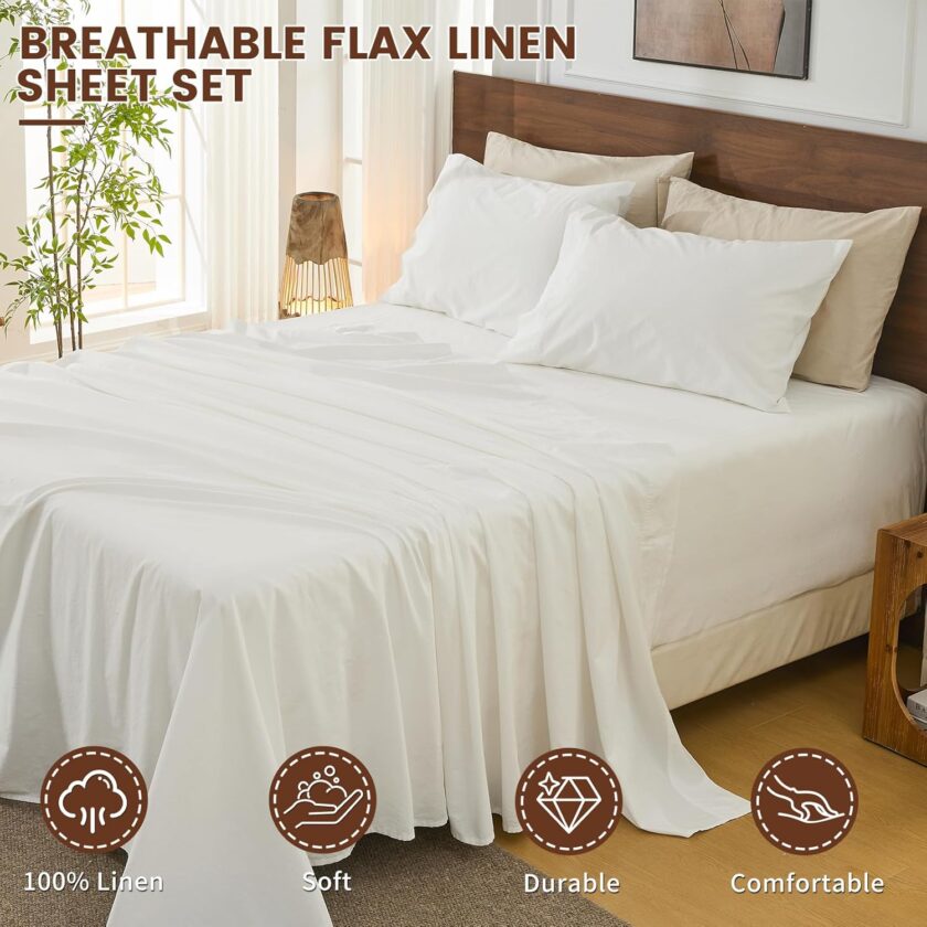 100%  Linen Sheets King Size 18-24”Extra Deep Pocket 4-Piece Set Breathable & Moisture-Wicking,Soft & Durable Sheets for Thick Mattresses(White) - Image 2
