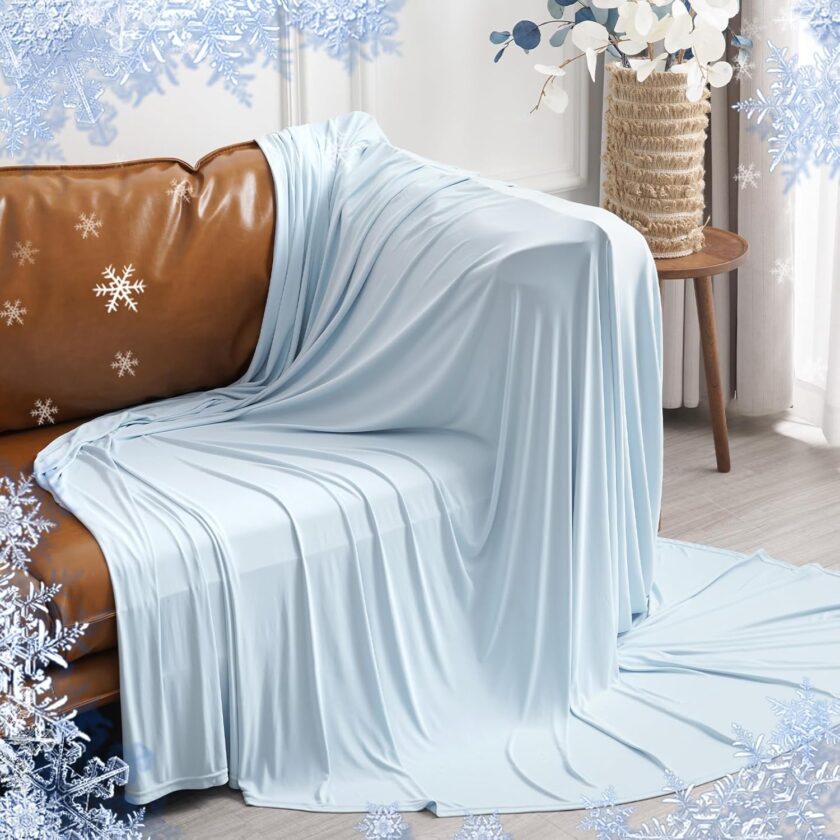 Reversible Double Cooling Blanket King Size, Ultra Soft  Thin Summer Single Layer for Hot Sleepers, Breathable Lightweight Portable Silky for Home Office Travel Car, Ice Blue