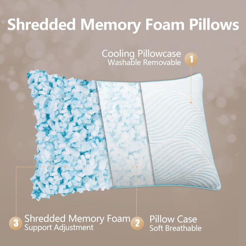 Pillows Queen Size Set of 2 Cooling Memory Foam Pillows for Sleeping Adjustable Medium Firm Back and Side Sleeper - Image 2