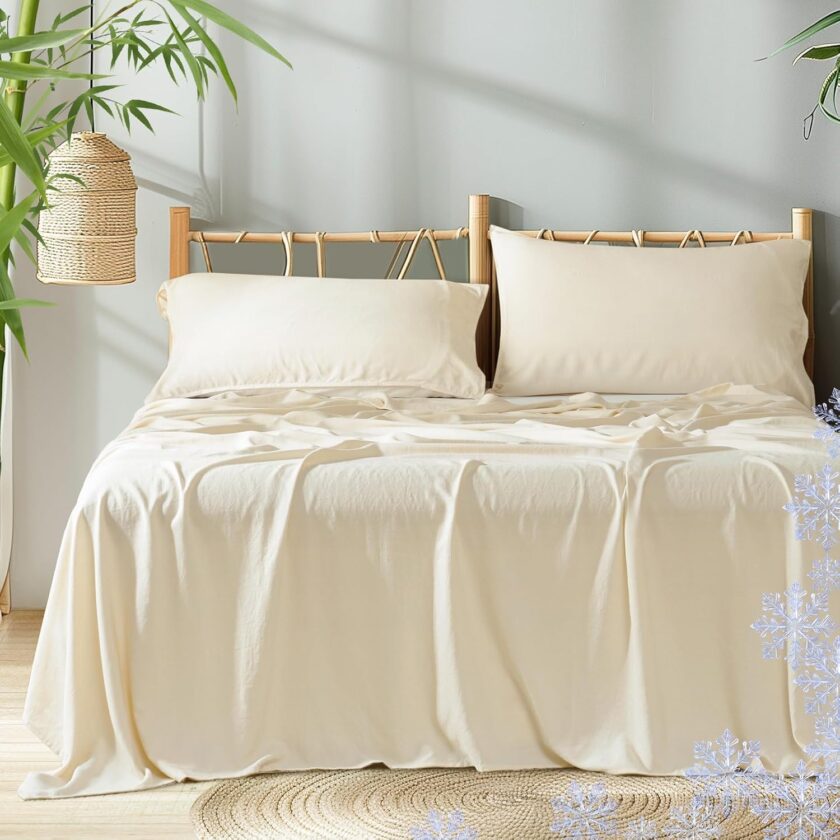 Cooling Sheets Set King Size,4 PCS 80% Viscose from Bamboo and 20% Linen Breathable & Soft Bed Sheets for Hot Sleeplers, Deep Pocket Up to 16" Bedding Sheets, Ture Natural
