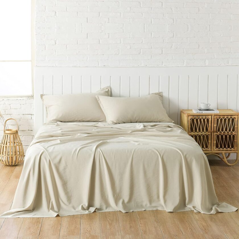 Beige Linen-Textured Bed Sheets Set, Bamboo Rayon, Cotton, Linen Blend Bed Sheets Queen Size, Soft Cool & Breathable for Hot Sleepers,Durable Natural Organic Bed 15'' Deep Pocket - 4 Piece - Image 2