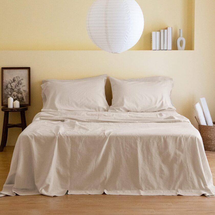 Linen Sheet Set Solid Color - 6 Pieces (1 Flat Sheet & 1 Fitted Sheet & 4 Pillowcases) 16" Deep Pocket Natural Flax Cotton Blended Soft Bedding - Linen, Queen Size
