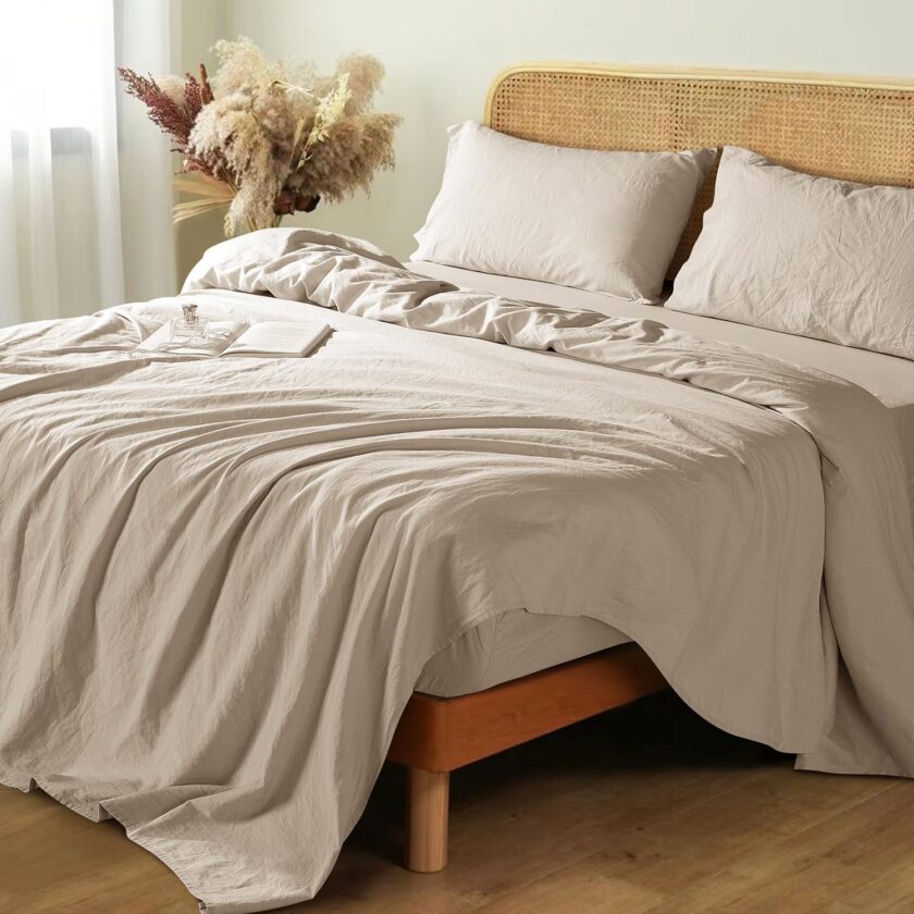 100%  Linen Sheets - Queen Size Bed Sheets, Breathable & Cooling Pure Linen Sheets,Soft Durable and Tear Resistant -16 Inch Deep Pocket - 4Pcs (Linen, Queen)