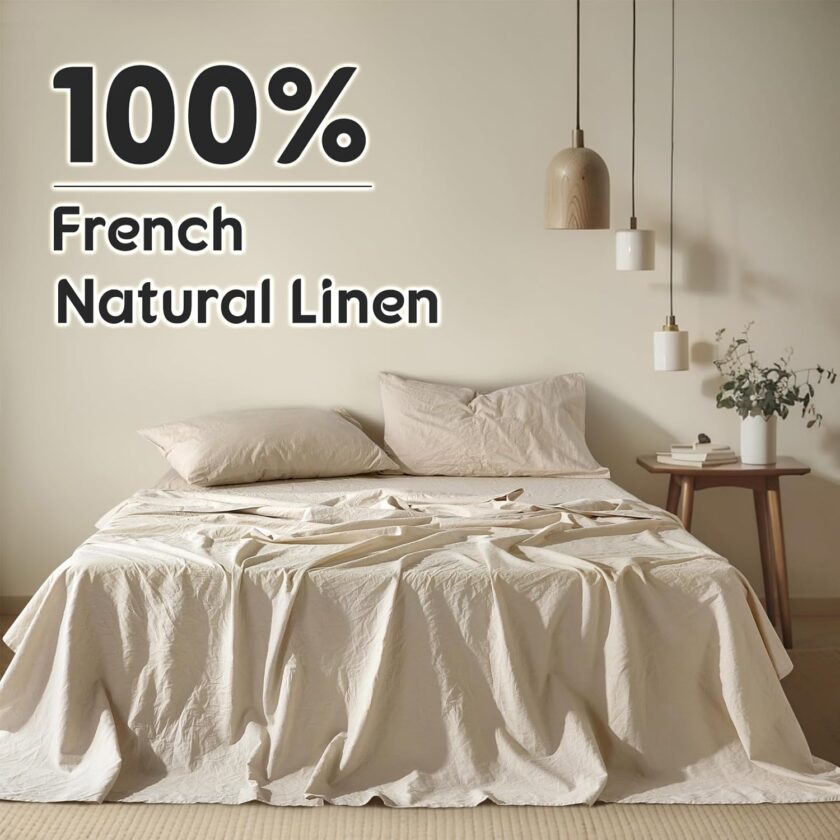 100%  Linen Sheets - Queen Size Bed Sheets, Breathable & Cooling Pure Linen Sheets,Soft Durable and Tear Resistant -16 Inch Deep Pocket - 4Pcs (Linen, Queen) - Image 2