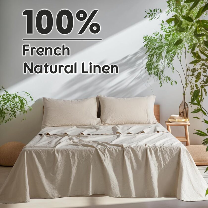 100%  Pure Linen Sheets, Breathable and Durable Linen King Size Sheets, Anti-Tear Linen Bed Sheets, Machine Washable, 16 Inch Deep Pocket - 4 Piece (Natural Linen, King) - Image 2