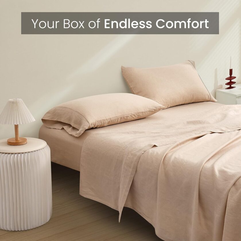 New Season  Linen Sheets Set - 100% European Flax Linen Sheets King, Soft, Breathable & Durable Luxury 4 Pcs Set (1 Flat Sheet, 1 Fitted Sheet, 2 Pillowcases) (Queen, Linen) - Image 2