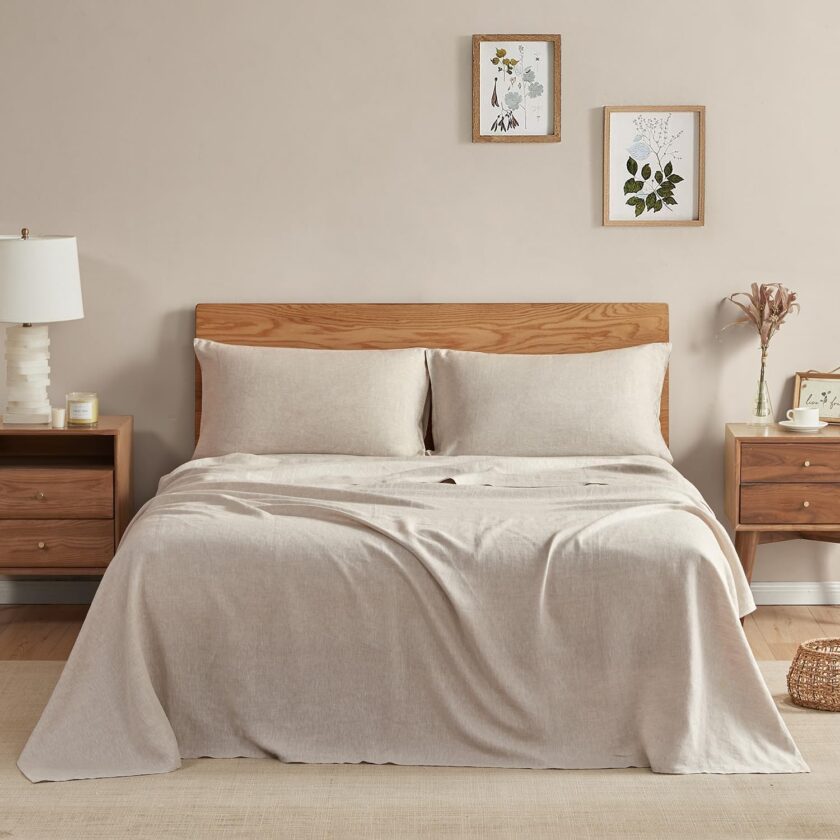 Pure Linen Sheets Set, 100%  Linen from Normandy, Breathable and Durable for Hot Sleepers, 4 Pcs Set - 1 Flat Sheet, 1 Fitted Sheet, 2 Pillowcases (Natural Linen, Queen)