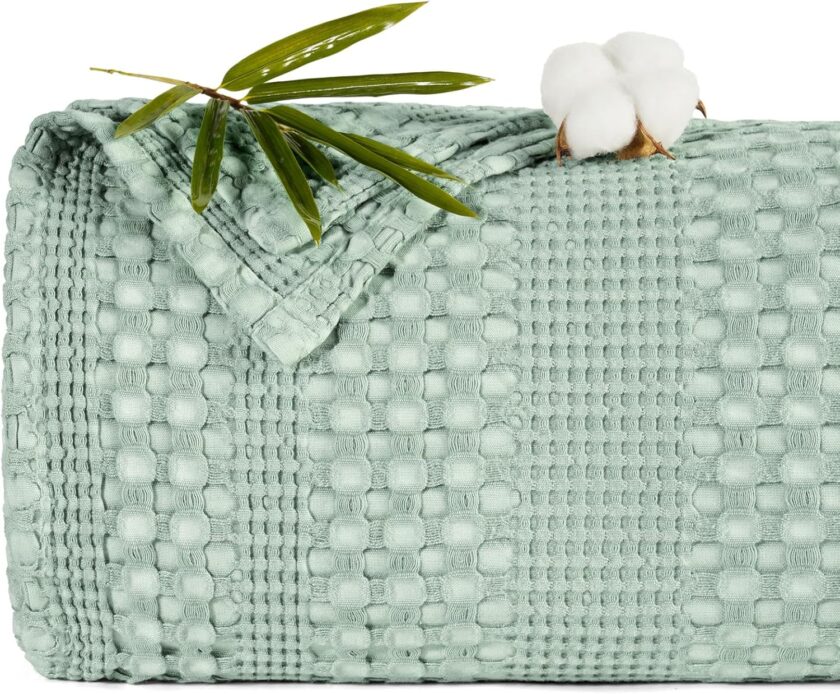 Stone-Washed Cooling Waffle Blanket - King Size, Lightweight Breathable Summer Blanket, 60% Rayon from Bamboo & 40% Cotton, Luxuriously Soft for Bed & Couch, 104"x90", Sage Green