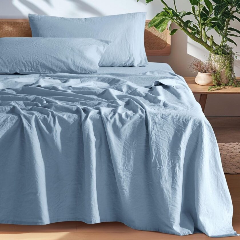 100%  Pure Linen Sheets, Breathable and Durable Linen King Size Sheets, Anti-Tear Linen Bed Sheets, Machine Washable, 16 Inch Deep Pocket - 4 Piece (Dusty Blue, King)