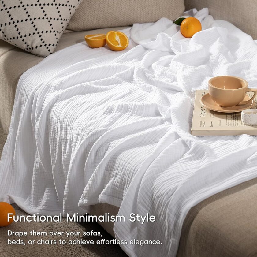 100% Cotton Muslin Blanket King Size 108" x 90", 4-Layer Lightweight and Breathable Blanket for Summer, Luxuriously Soft Gauze Bedding for Bed, Natural Minimalism Style, Ideal Gift, White - Image 2