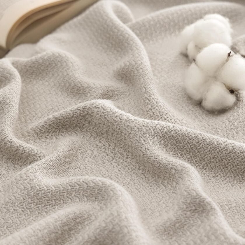 100% Cotton Blanket Queen Size for Bed - Breathable and Lightweight, Soft Cozy Textured Herringbone Woven Blanket for Summer, Linen Beige, 90x90 inches