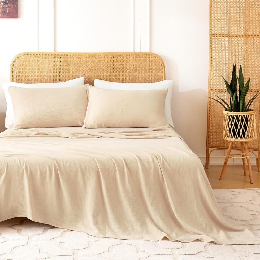 Queen Sheet Set 100% Cotton Bed Sheets Linen Like Textured 4 Pcs Beige Summer Sheets 16" Deep Pocket Sheet & Pillowcase Boho Muslin Breathable Soft Queen Sheets Easy Care