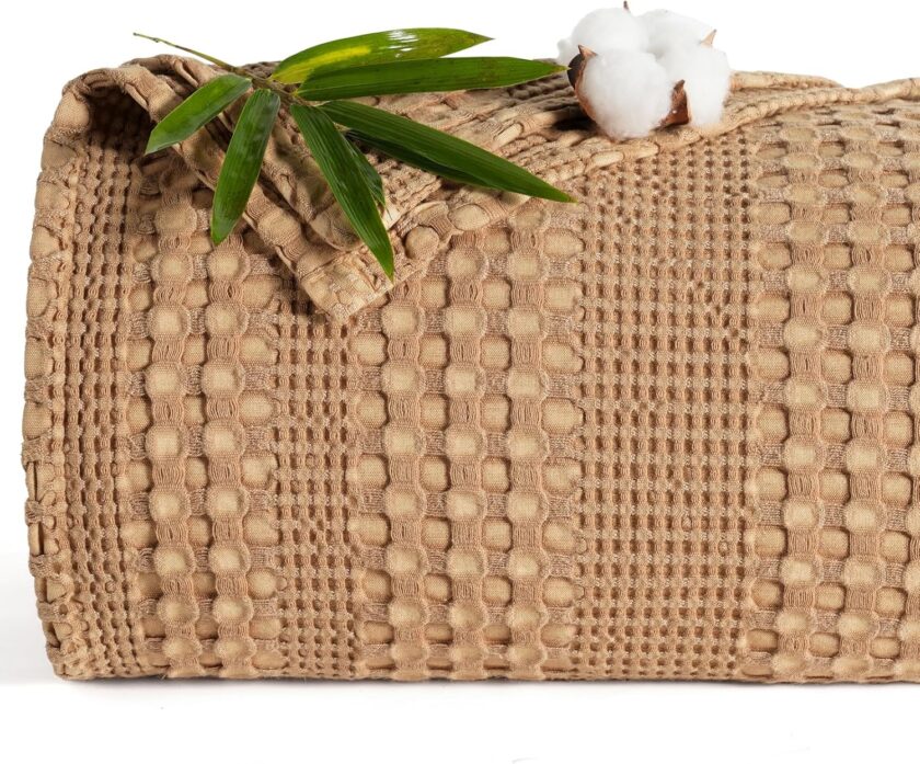 Stone-Washed Cooling Waffle Blanket King Size - Lightweight Breathable Summer Blanket, 60% Rayon Derived from Bamboo & 40% Cotton, Luxuriously Soft for Bed Couch, 104"x90", Camel