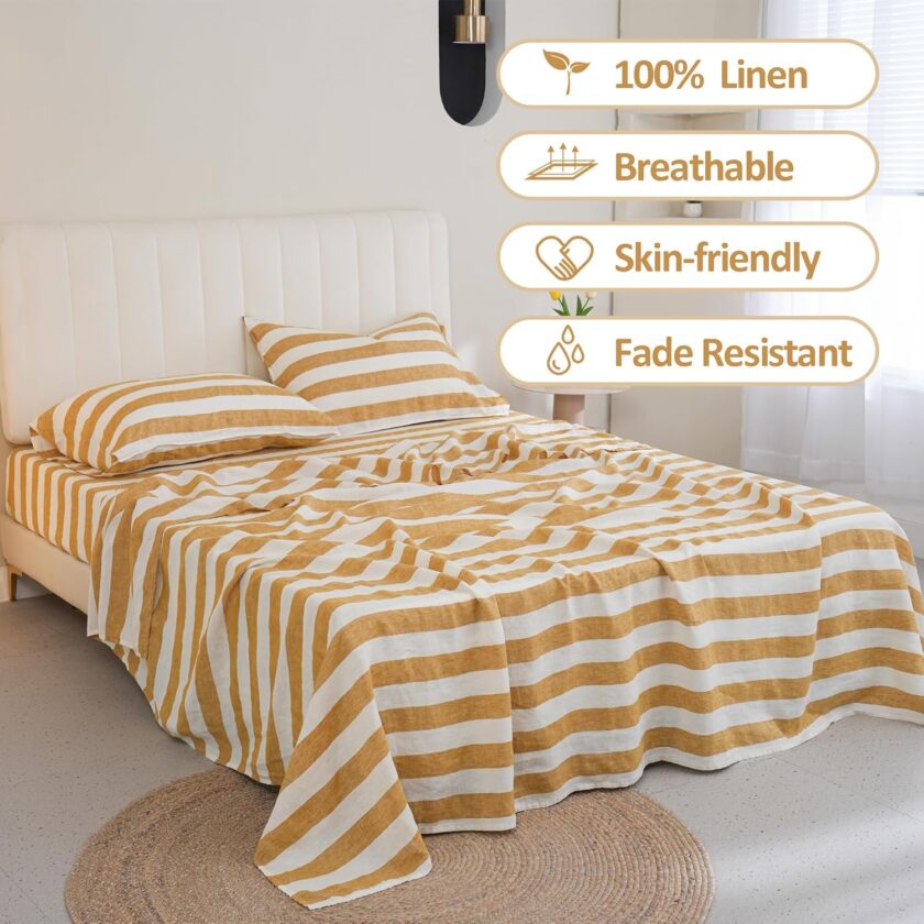 100% Organic Linen Sheets Set Queen Size 4pcs,Yellow Stripe Yarn Dyed Pattern Farmhouse Bedding Set, Natural Stone Washed Flax Bed Sheets - Image 2