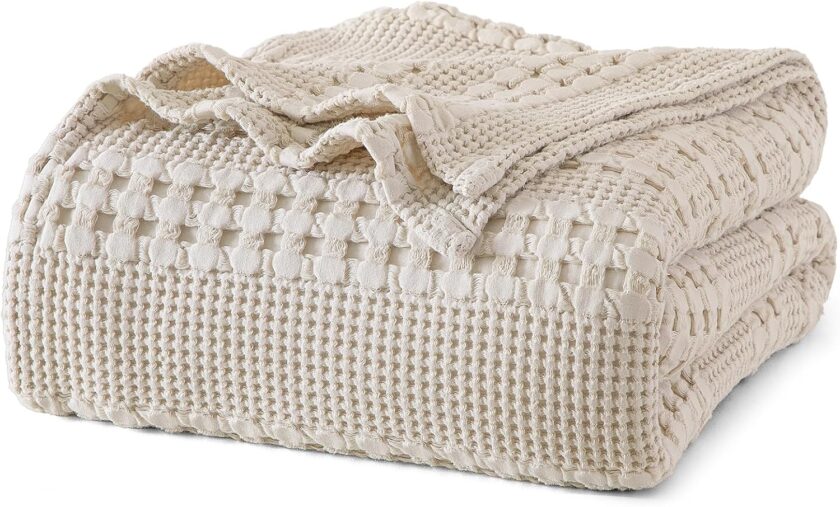 100% Cotton Waffle Weave Blanket Queen Size, Soft Lightweight Breathable Cozy Summer Blankets for Bed, Luxury Aesthetic Woven Bedding for Home Decor, 90"x90", Oatmeal