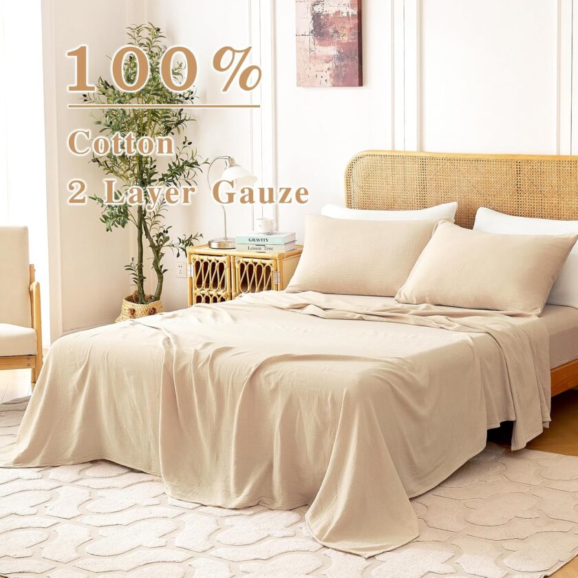 Queen Sheet Set 100% Cotton Bed Sheets Linen Like Textured 4 Pcs Beige Summer Sheets 16" Deep Pocket Sheet & Pillowcase Boho Muslin Breathable Soft Queen Sheets Easy Care - Image 2