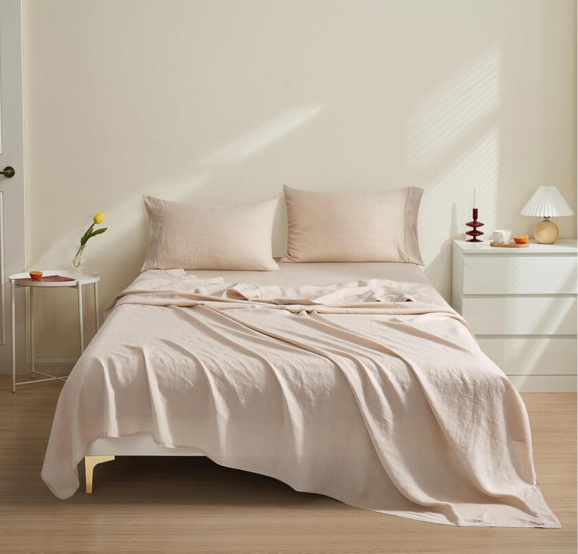 New Season  Linen Sheets Set - 100% European Flax Linen Sheets King, Soft, Breathable & Durable Luxury 4 Pcs Set (1 Flat Sheet, 1 Fitted Sheet, 2 Pillowcases) (Queen, Linen)