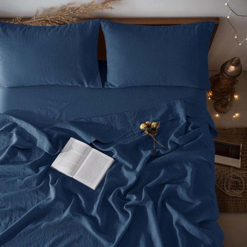 100% Linen Sheet Set 16" Deep Pocket King Size,Bed Sheets 4 Piece Sets,Solid Color Natural Flax Bed Sheets Soft Breathable Bedding, All Season (King, Navy Blue)