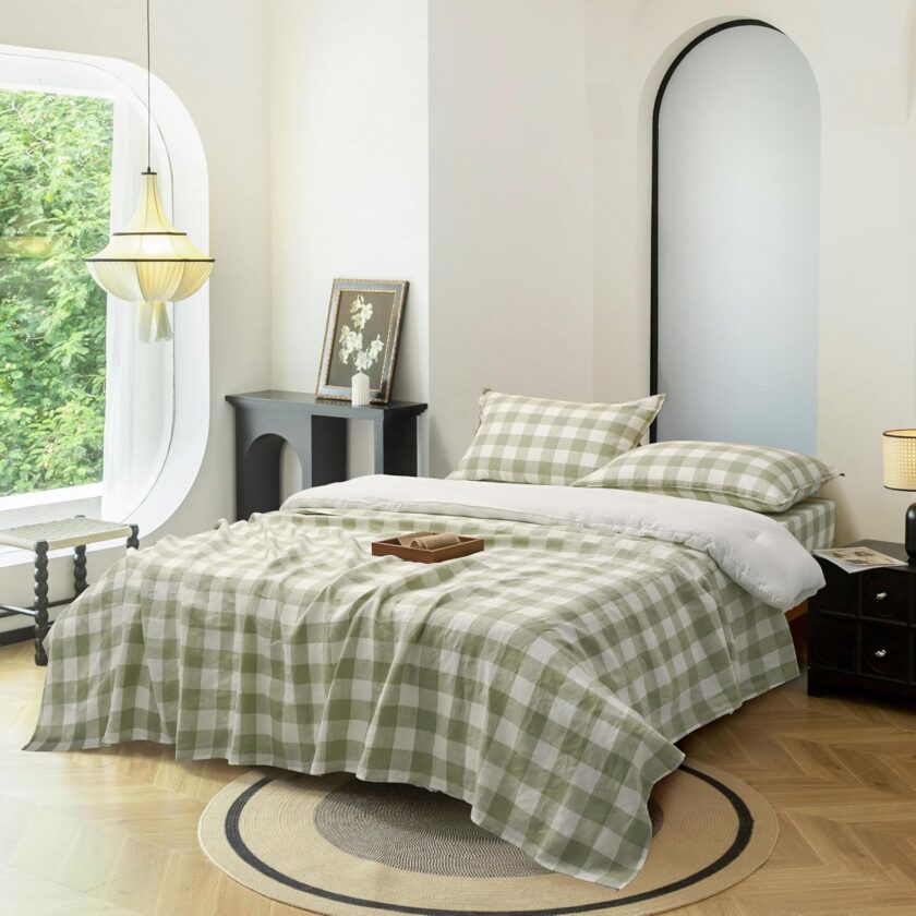 Linen Sheets Set Queen Size,100%  Stonewash Pure Linen Sheets Set,4Pieces (1Flat Sheet,1Fitted Sheet,2Pillowcase) Suitable for Hot Sleepers,Deep Pocket Natural Bedding Set-Green Plaid - Image 2