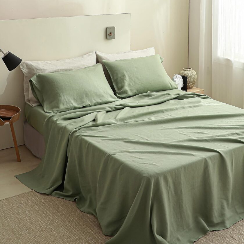 100% Linen Sheets Queen Size Set, 4 Pcs Natural  Linen Bed Sheets, Breathable Soft Durable Bedding Set for All Season (Sage Green, Queen)