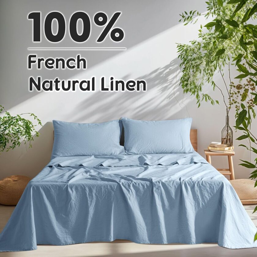 100%  Pure Linen Sheets, Breathable and Durable Linen King Size Sheets, Anti-Tear Linen Bed Sheets, Machine Washable, 16 Inch Deep Pocket - 4 Piece (Dusty Blue, King) - Image 2