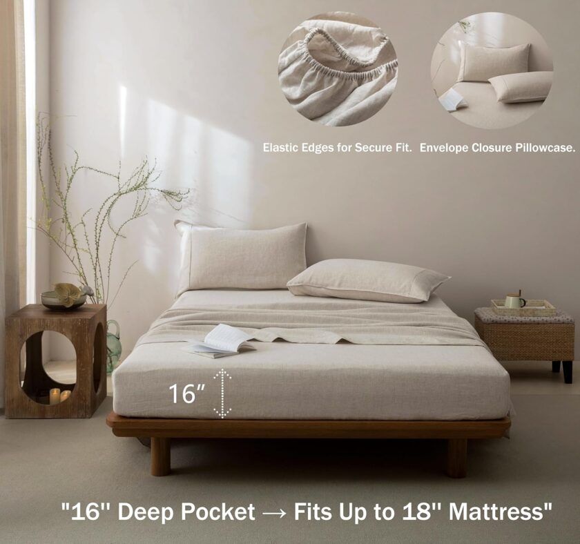 100%  Pure Linen Sheets Set Twin Size,Oeko-TEX Certified Bedding, All-Season Breathable for Hot Sleepers,16 Inch Deep Pocket Machine Washable 3-Piece (Natural Linen) - Image 2